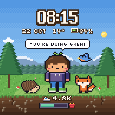 The Pip watch face with Pip, a hedgehog, a fox and a bird in a forest
